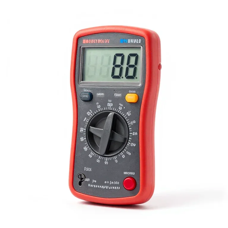 a digital multimeter in a rubber holster, three-quarter view, single item fully visible and c...