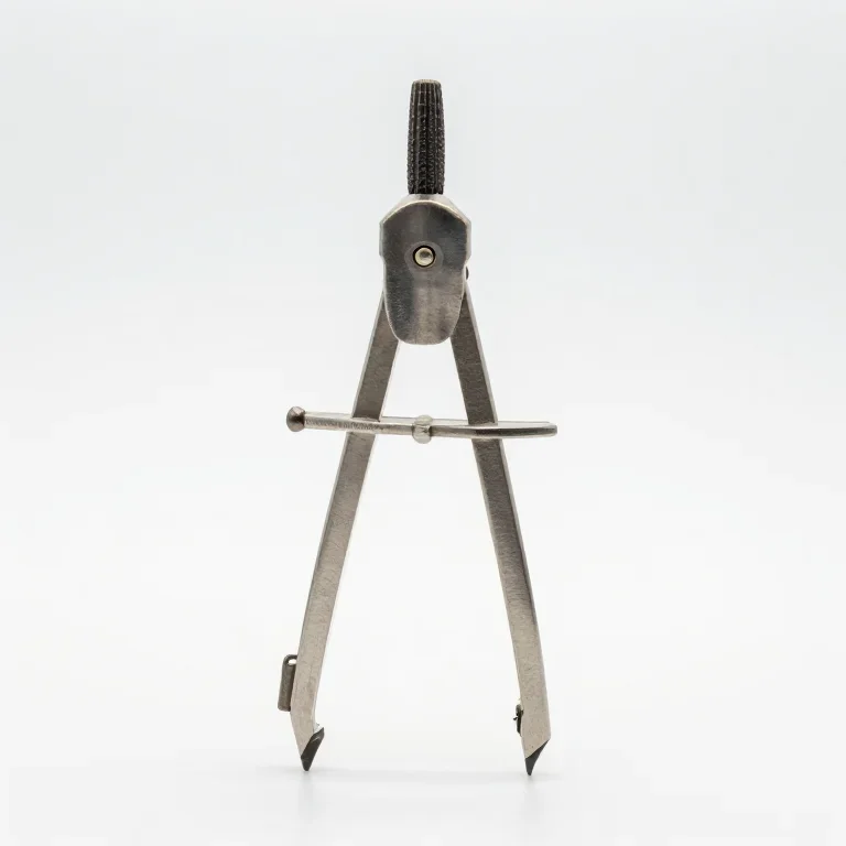 a drawing compass in metal, three-quarter view, single item fully visible and centred, isolat...