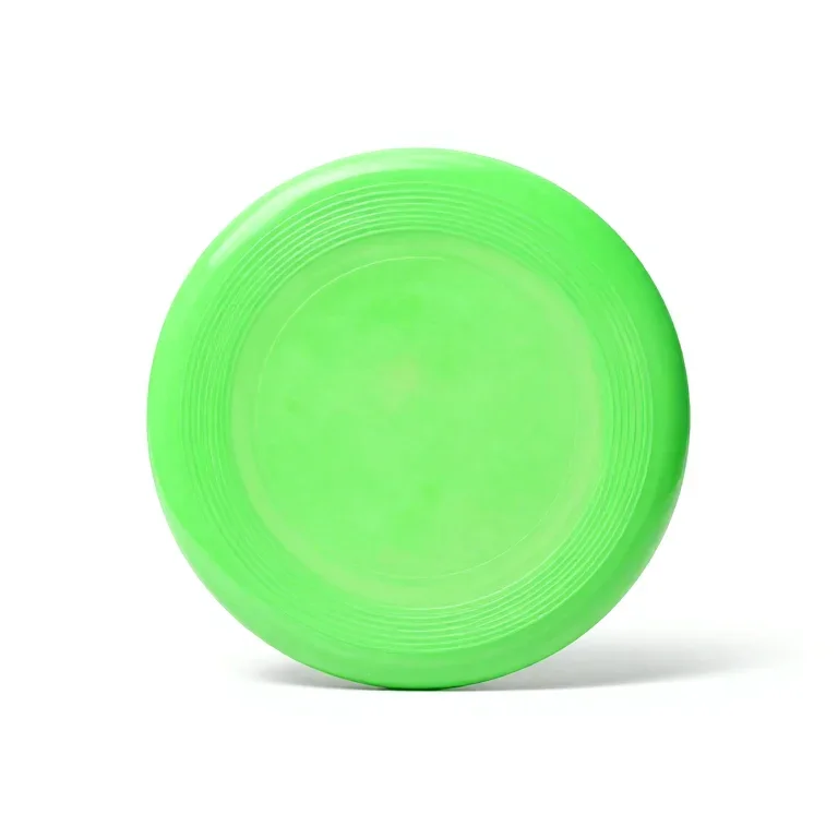 a fluorescent green flying disc, front view, single item fully visible and centred, isolated...