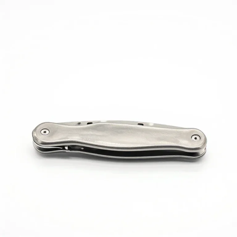 a folding pocket knife in stainless steel, side view, single item fully visible and centred,...