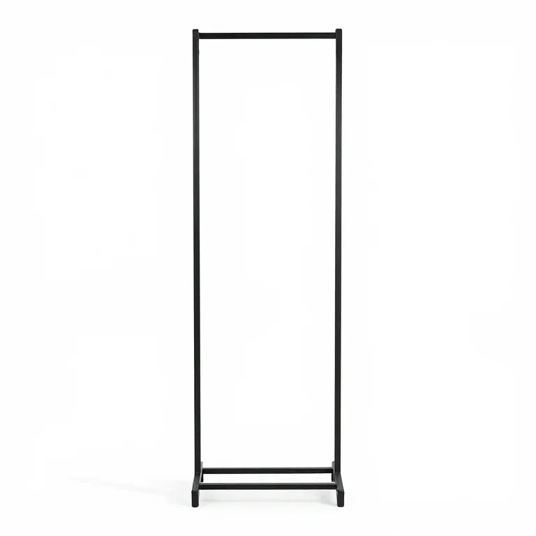 a freestanding coat rack in black metal, front view, single item fully visible and centred, i...