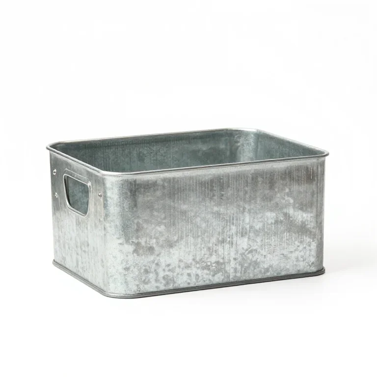 a galvanised milk crate, front view, single item fully visible and centred, isolated on a pur...