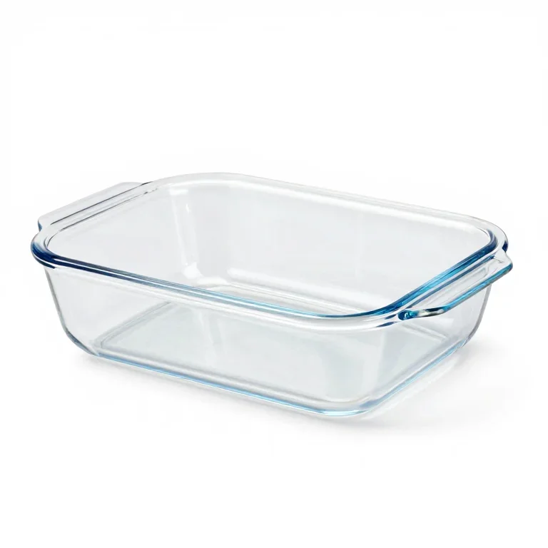 a glass baking dish with a blue rim, high three-quarter view, single item fully visible and c...