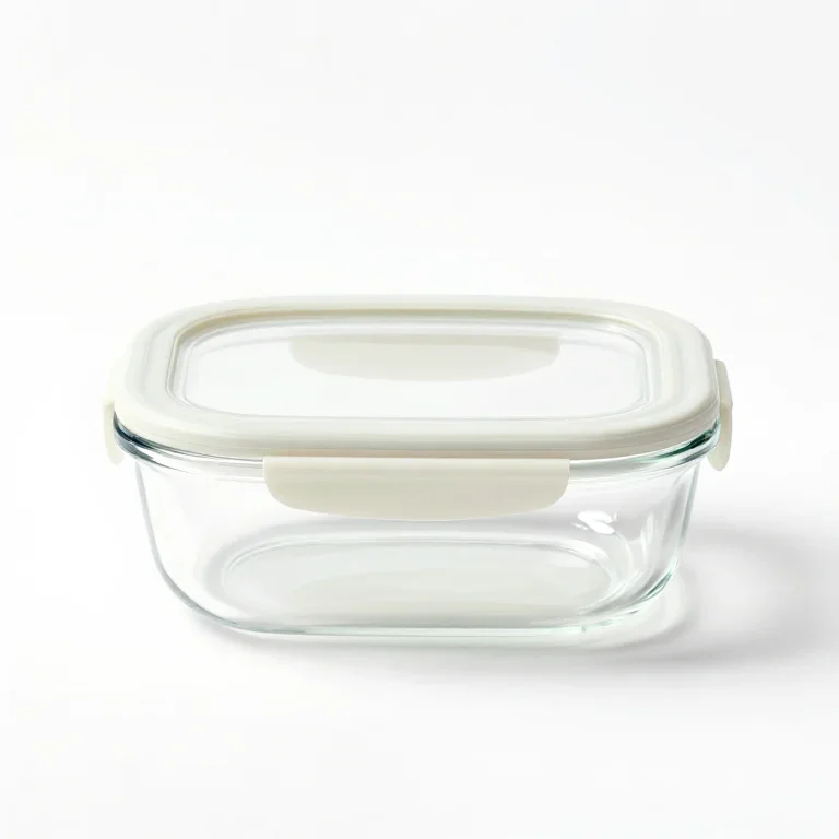 a glass food container with a silicone seal, top-down view, single item fully visible and cen...