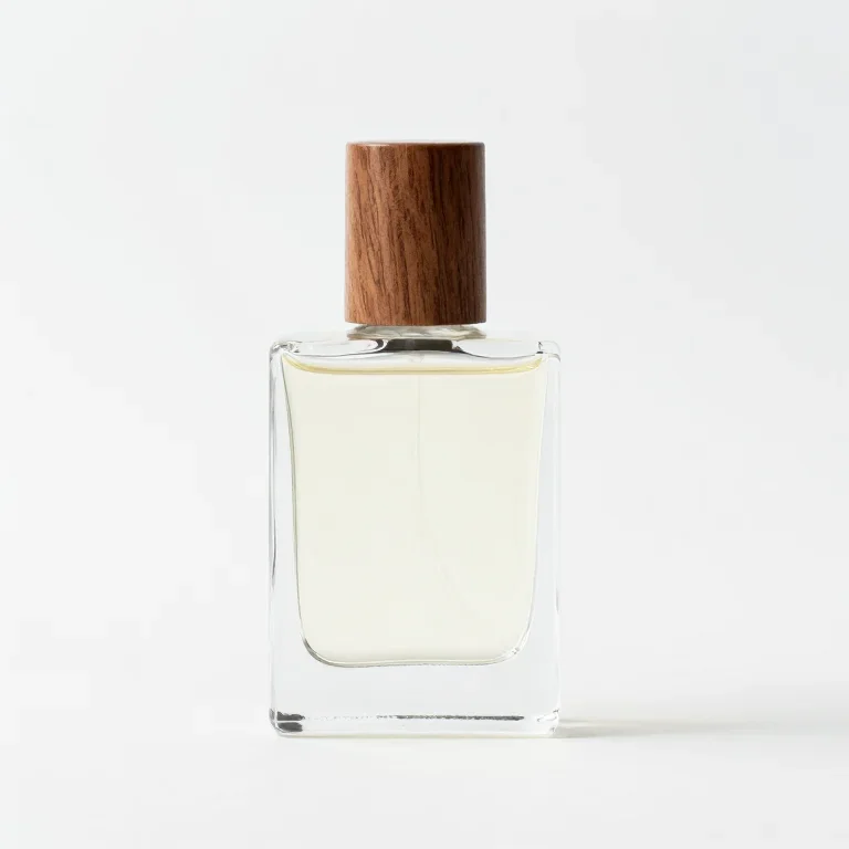 a glass perfume bottle with a wooden cap, side view, single item fully visible and centred, i...