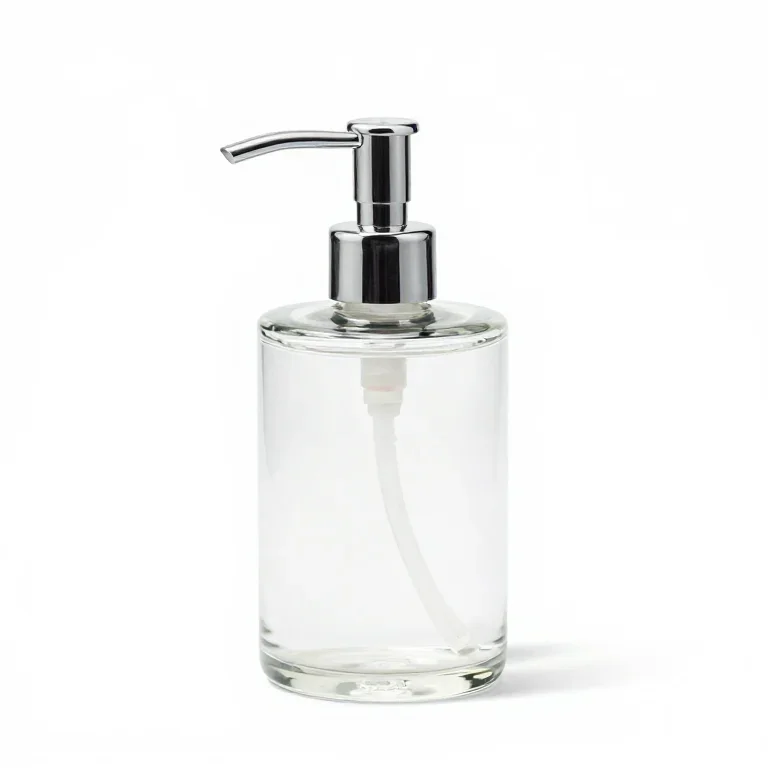 a glass soap dispenser with a pump, three-quarter view, single item fully visible and centred...