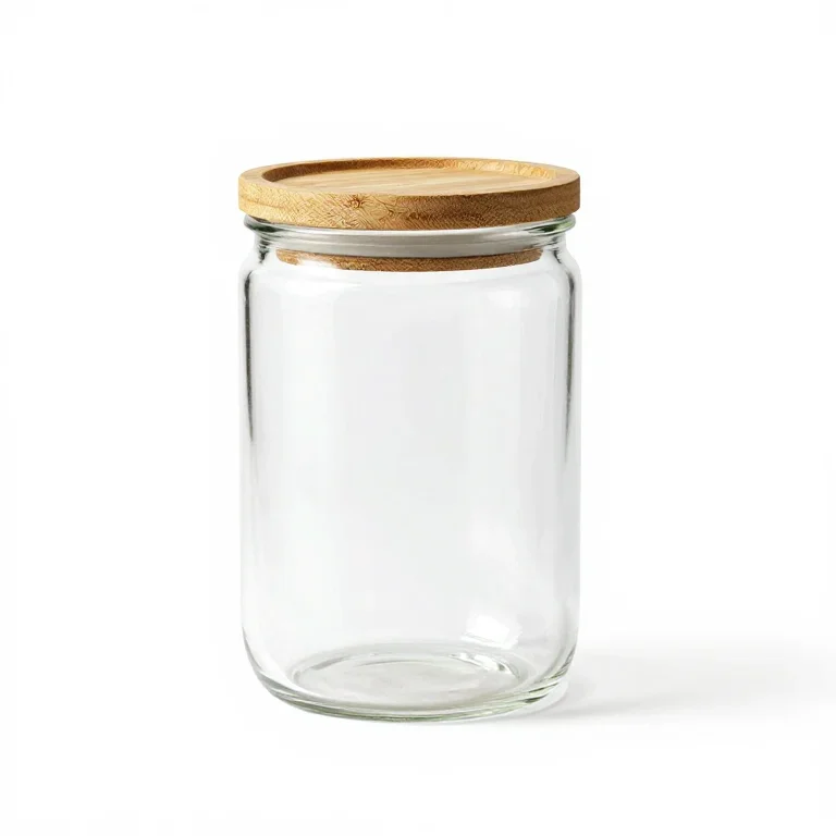 a glass storage jar with a bamboo lid, three-quarter view, single item fully visible and cent...