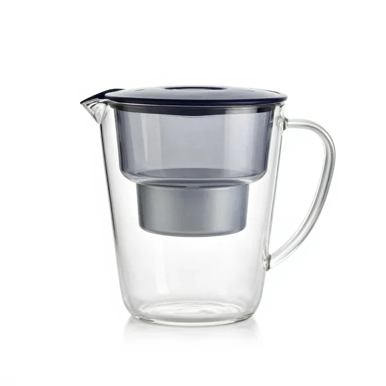 a glass water filter pitcher, front view, single item fully visible and centred, isolated on...