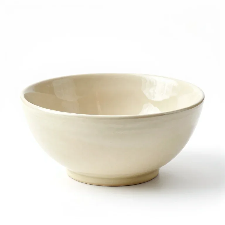 a glazed ceramic mixing bowl in cream, high three-quarter view, single item fully visible and...