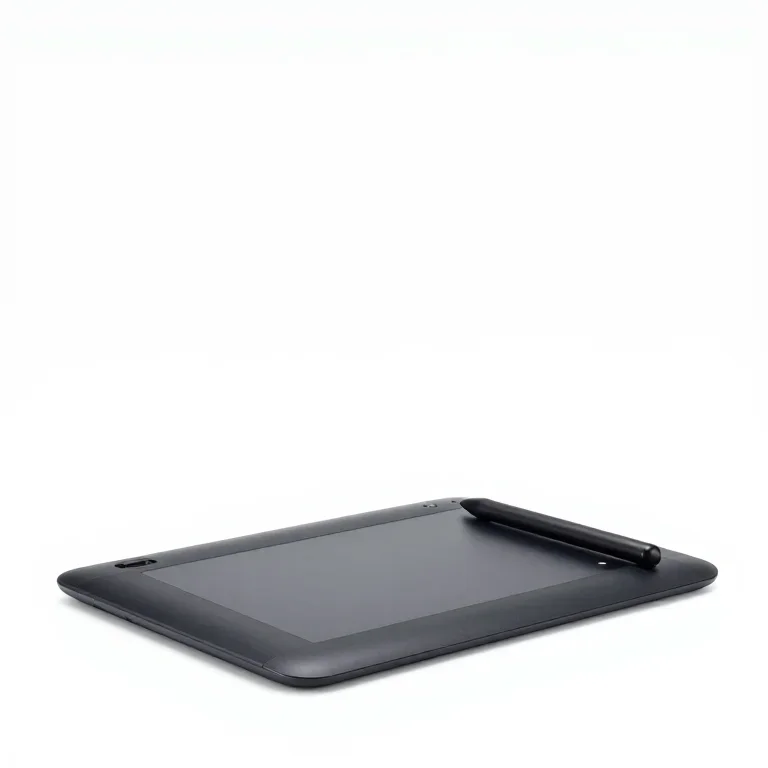 a graphics tablet with a stylus, three-quarter view, single item fully visible and centred, i...