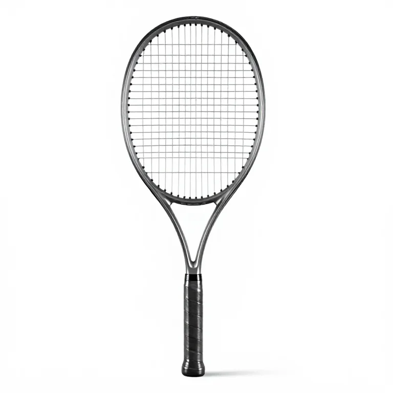 a graphite tennis racket with strung bed, front view, single item fully visible and centred,...