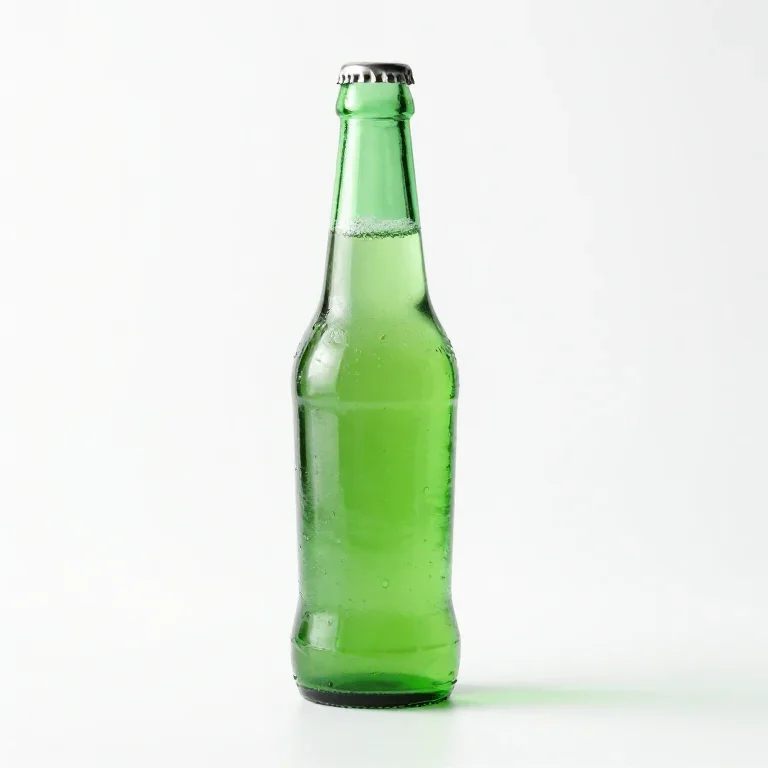 a green glass soda bottle, side view, single item fully visible and centred, isolated on a pu...