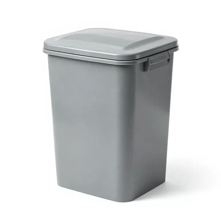 a grey compost bin with a hinged lid, three-quarter view, single item fully visible and centr...