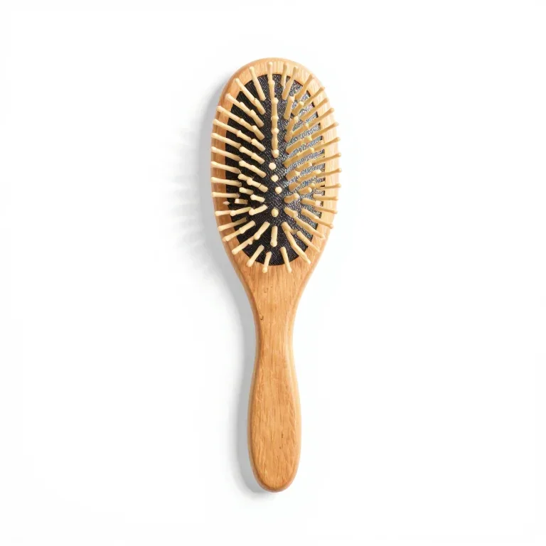 a hairbrush with beech wood and bristles, three-quarter view, single item fully visible and c...