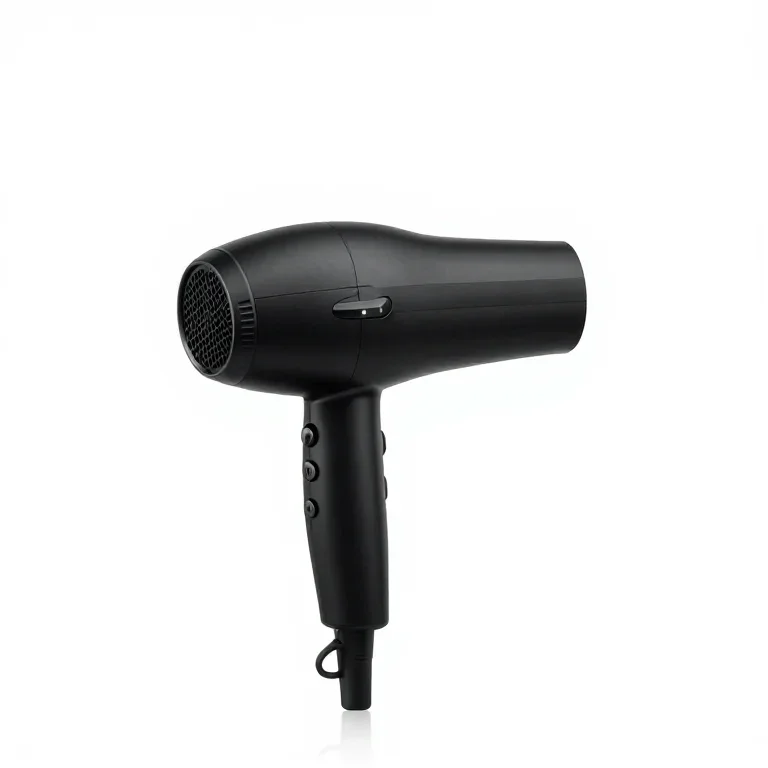 a hairdryer in matte black, side view, single item fully visible and centred, isolated on a p...