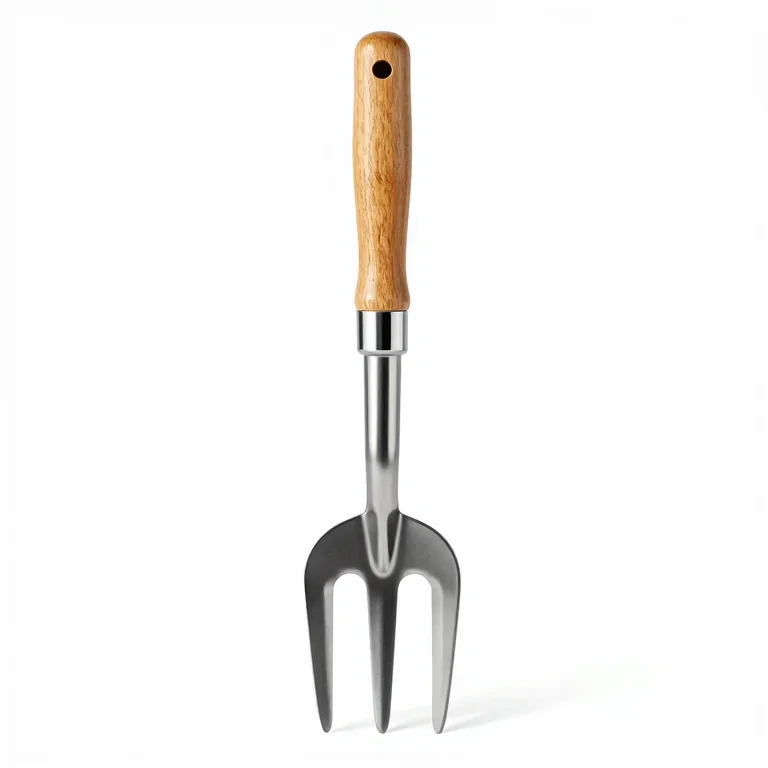 a hand fork cultivator with a wooden handle, front view, single item fully visible and centre...