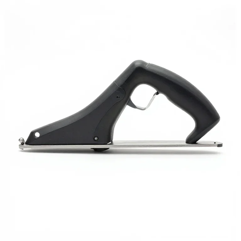 a hand saw with a rubber grip, three-quarter view, single item fully visible and centred, iso...