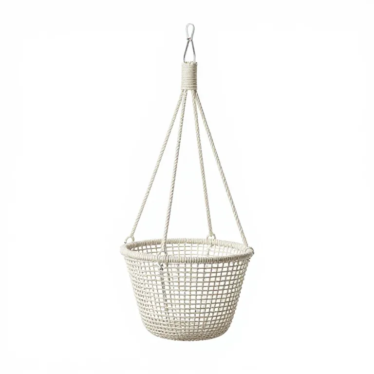 a hanging wire plant basket, three-quarter view, single item fully visible and centred, isola...