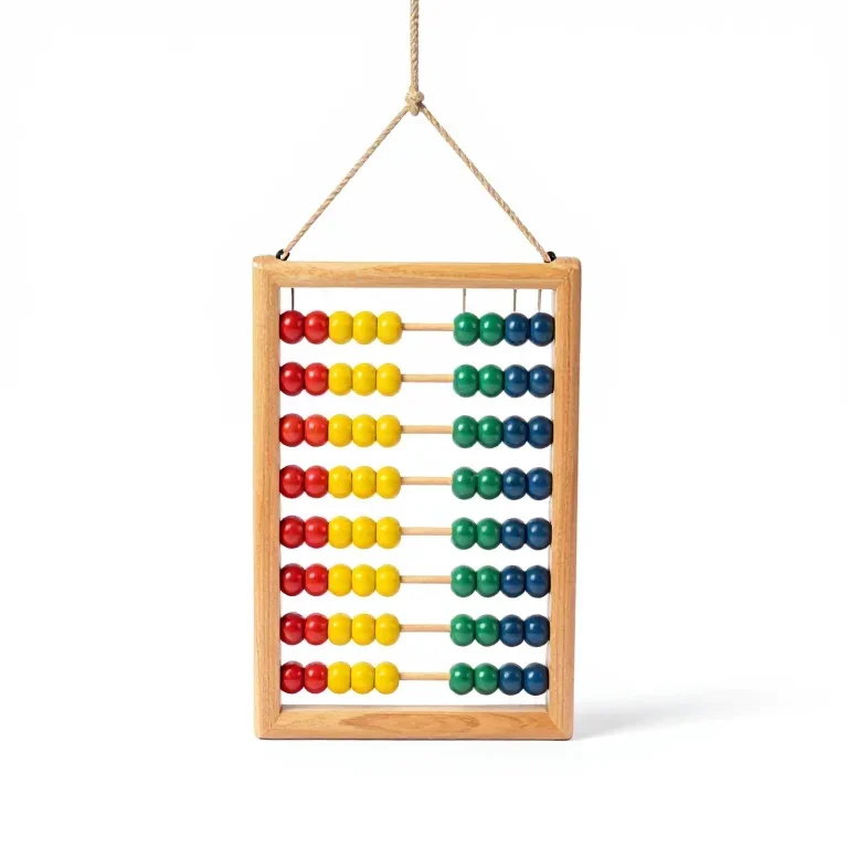 a hanging wooden abacus with coloured beads, front view, single item fully visible and centre...