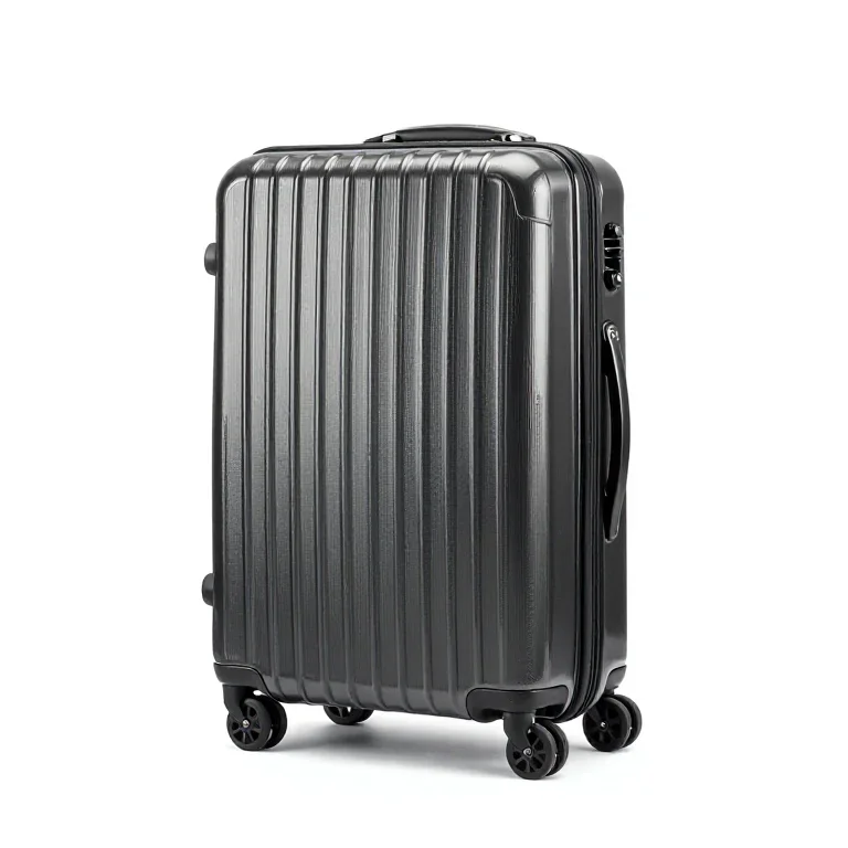 a hard shell suitcase with four spinner wheels, three-quarter view, single item fully visible...