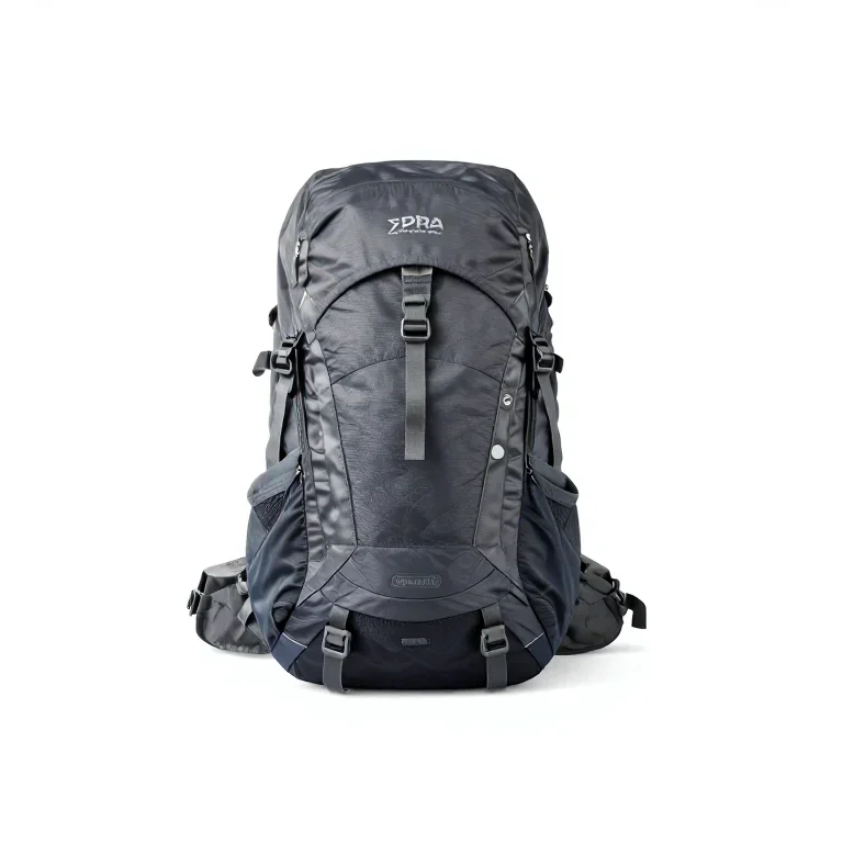 a hiking backpack with side pockets, three-quarter view, single item fully visible and centre...