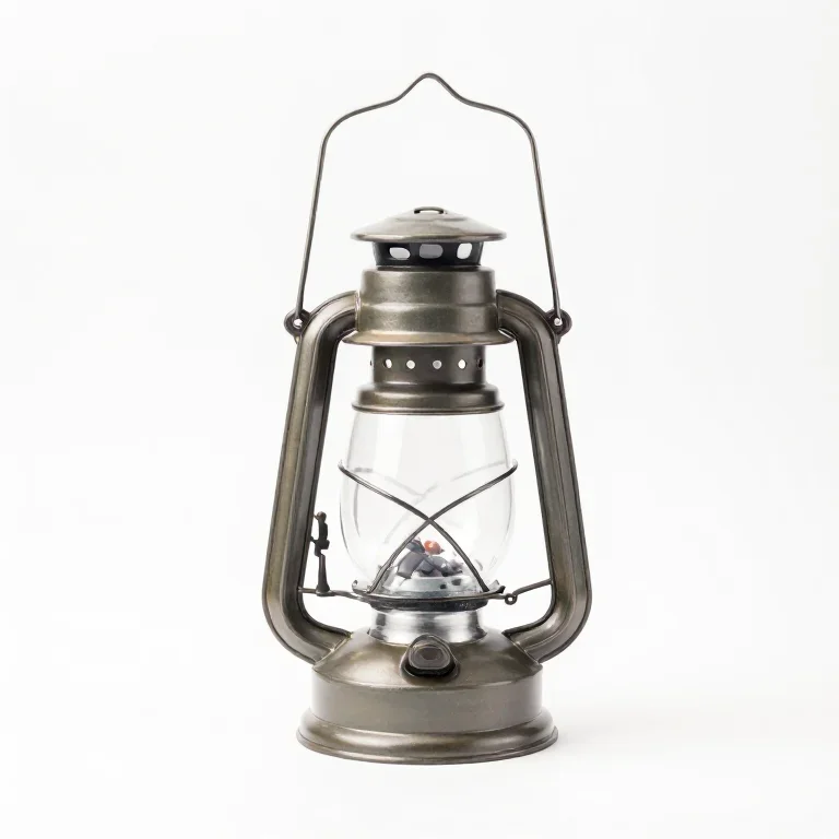 a hurricane lantern with a glass chimney and metal handle, side view, single item fully visib...