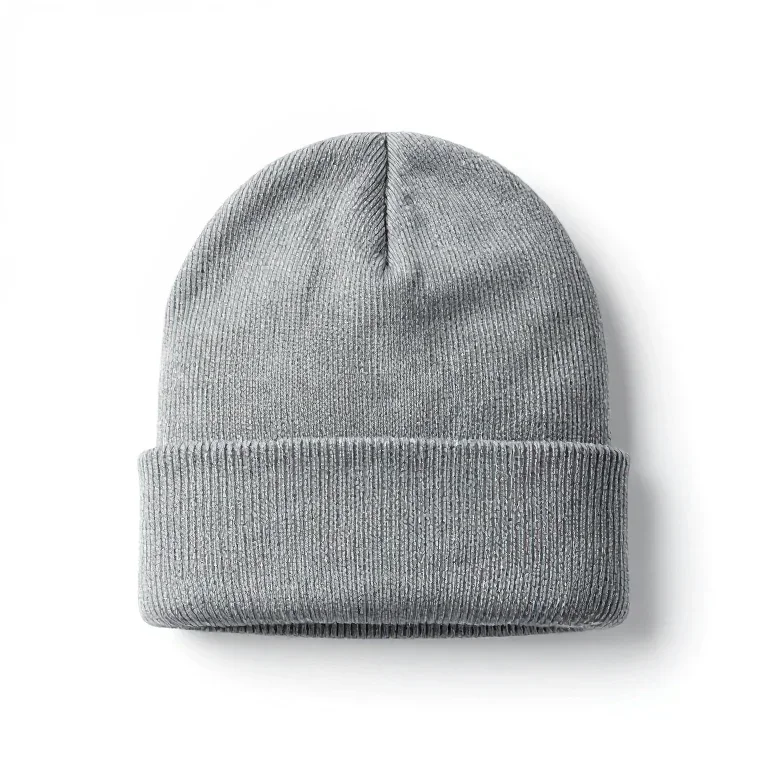 a knitted grey beanie, front view, single item fully visible and centred, isolated on a pure...