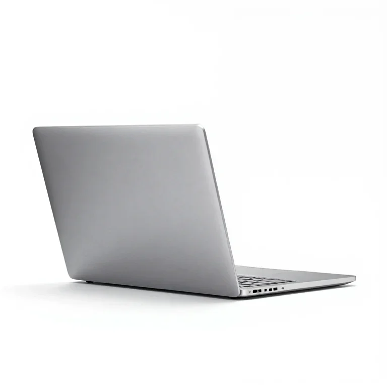 a laptop with a silver body, three-quarter view, single item fully visible and centred, isola...