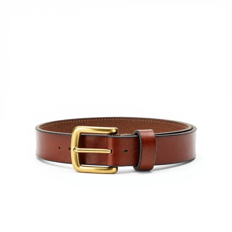 a leather belt with a brass buckle, three-quarter view, single item fully visible and centred...