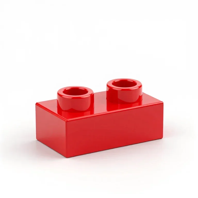 a lego-style building brick with two studs, glossy red ABS plastic, three-quarter view, singl...