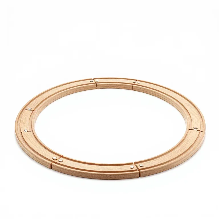 a loop of wooden toy train track, high three-quarter view, single item fully visible and cent...