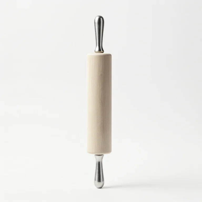 a maple rolling pin with steel handles, three-quarter view, single item fully visible and cen...