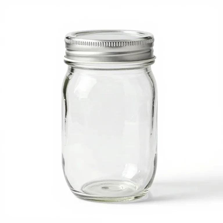 a mason jar with a two piece lid, front view, single item fully visible and centred, isolated...