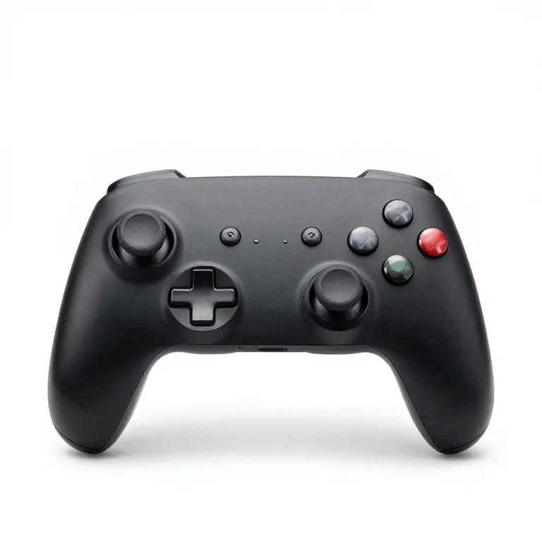 a matte black handheld game controller with analogue sticks, front view, single item fully vi...
