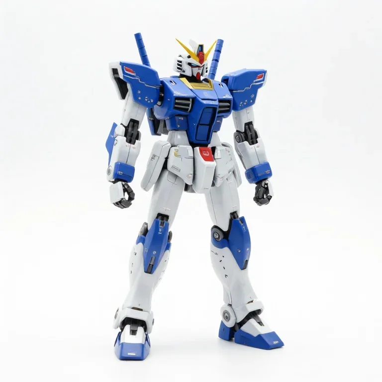 a mecha robot figure in blue and white with jointed limbs, three-quarter view, single item fu...