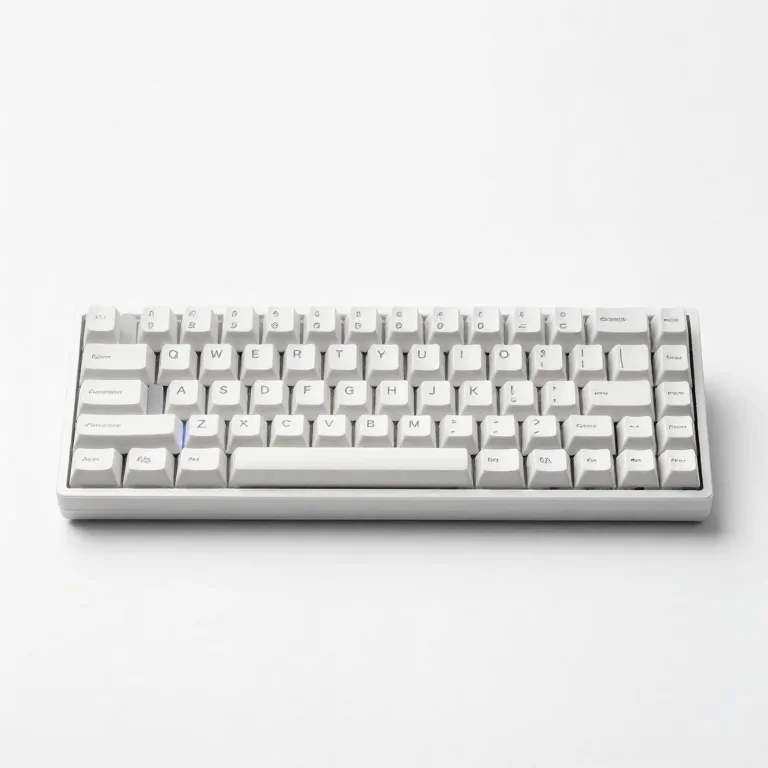 a mechanical keyboard with white keycaps, high three-quarter view, single item fully visible...