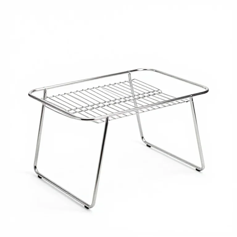 a metal dish drying rack, three-quarter view, single item fully visible and centred, isolated...