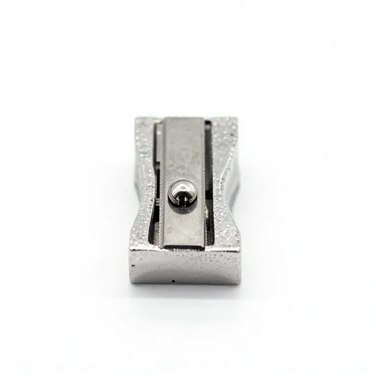 a metal pencil sharpener, front view, single item fully visible and centred, isolated on a pu...
