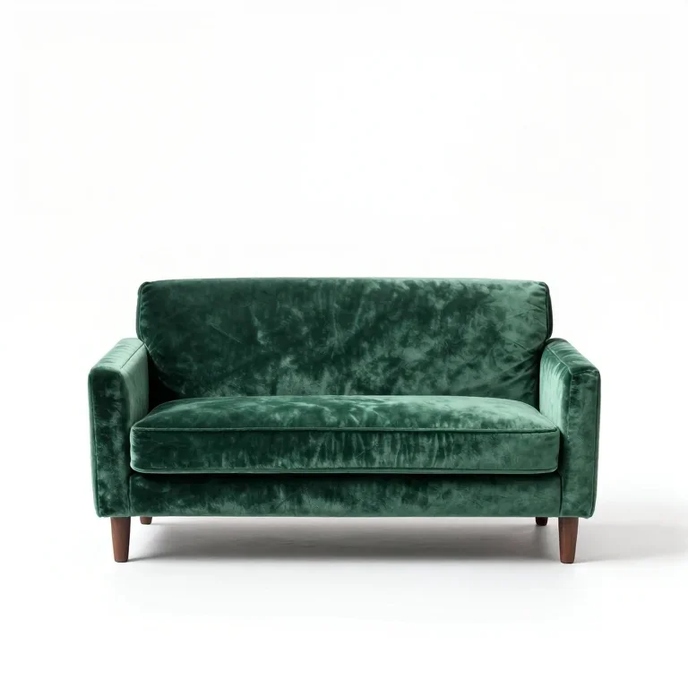 a miniature dollhouse sofa in green velvet, front view, single item fully visible and centred...
