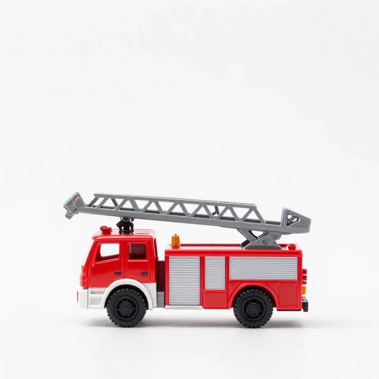 a miniature toy fire truck in red with a grey ladder, side view, single item fully visible an...