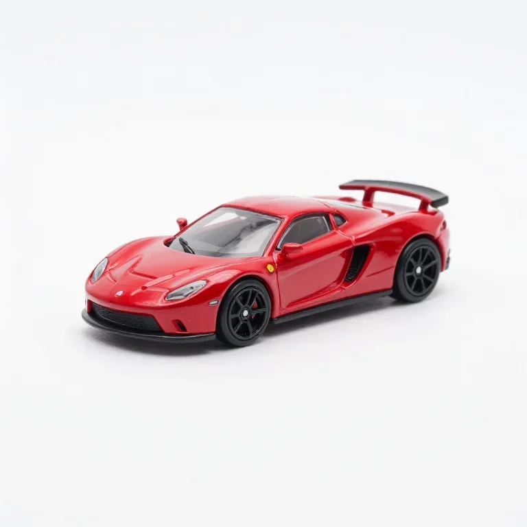 a miniature toy sports car in glossy red die-cast metal, three-quarter view, single item full...