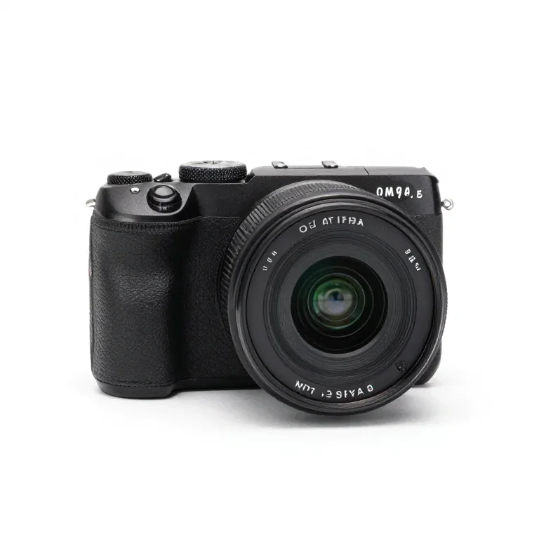 a mirrorless camera with a prime lens, three-quarter view, single item fully visible and cent...