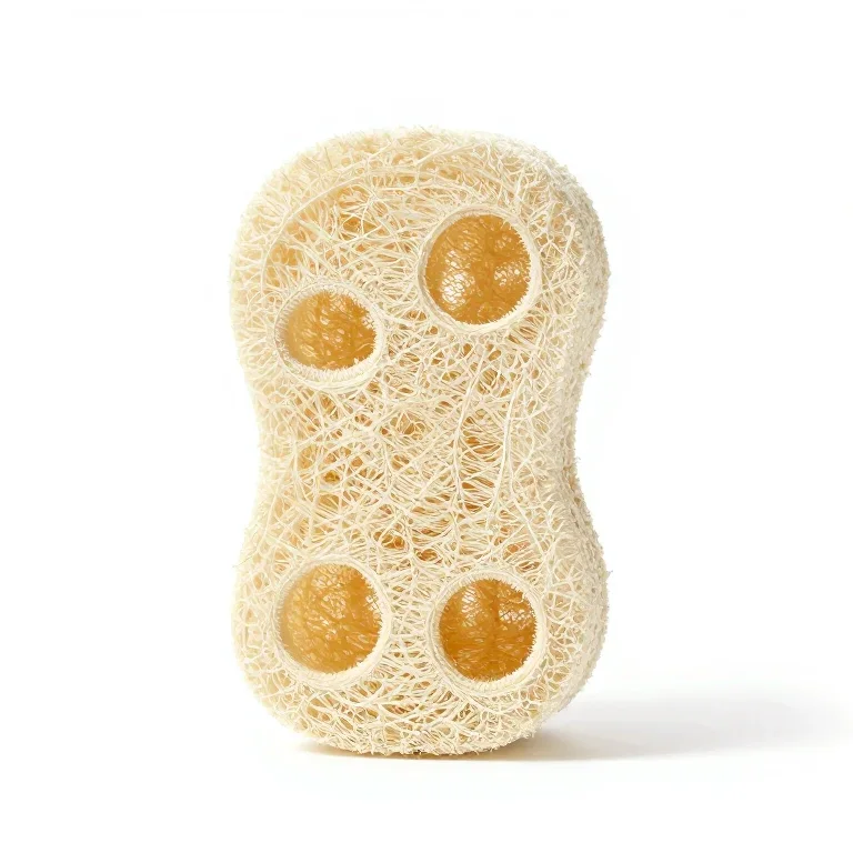 a natural fibre loofah sponge, front view, single item fully visible and centred, isolated on...