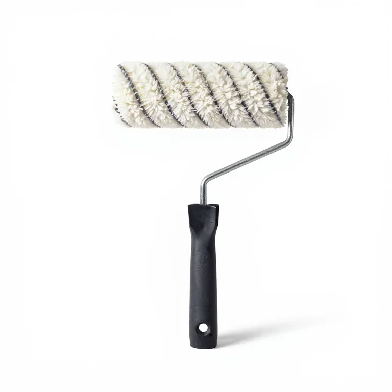 a paint roller on a metal frame, three-quarter view, single item fully visible and centred, i...