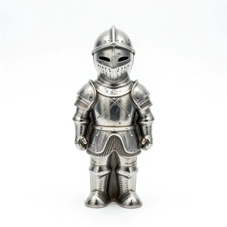 a painted metal knight figurine with a silver helmet, front view, single item fully visible a...