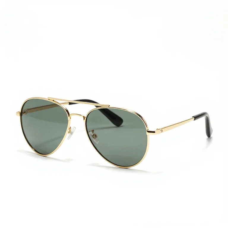 a pair of aviator sunglasses with gold frames, three-quarter view, single item fully visible...