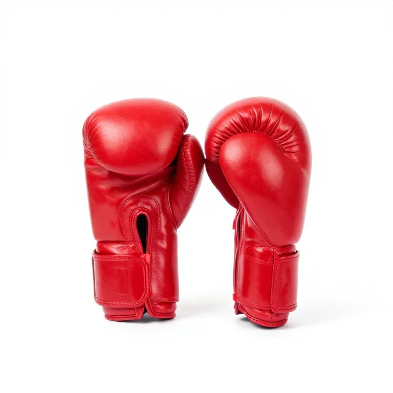 a pair of boxing gloves in red leather, three-quarter view, single item fully visible and cen...