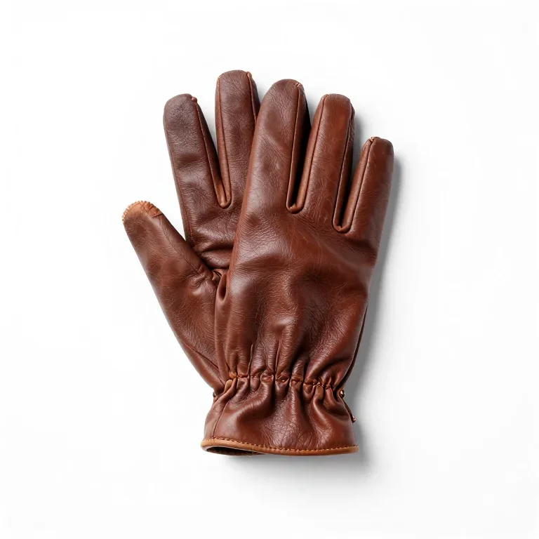 a pair of brown leather gloves, front view, single item fully visible and centred, isolated o...