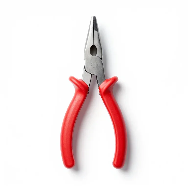 a pair of needle nose pliers with red grips, three-quarter view, single item fully visible an...