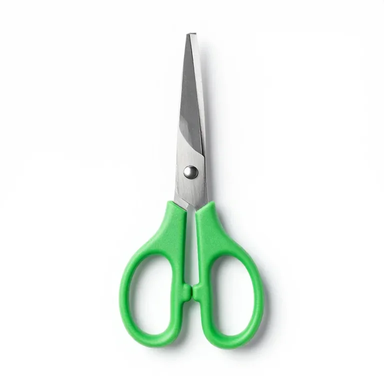 a pair of office scissors with green handles, front view, single item fully visible and centr...